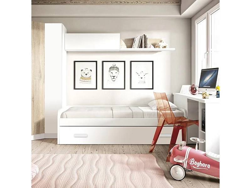 Bett + Ausziehbett mit Beine mit Lattenrost und Matratzen 105/105 cm