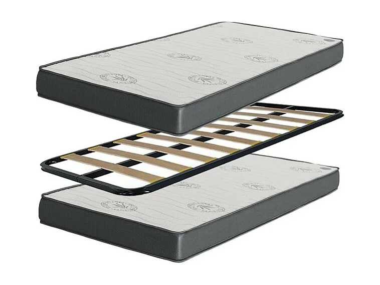 Lit + lit pieds pliants aggloméré blanc + sommier et matelas 105/105cm