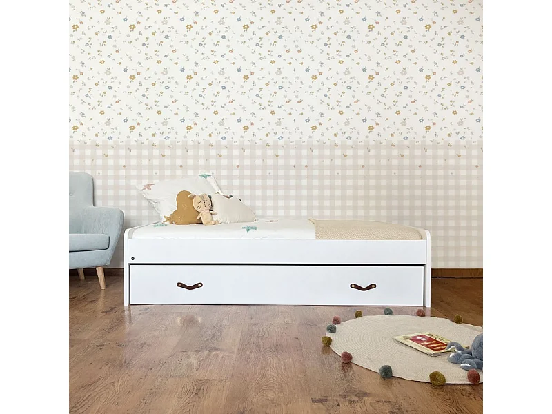 Lit avec pieds pliants  blanc avec sommier et matelas 50x206x112cm