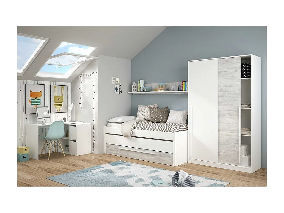 Lit + étagère aggloméré blanc + sommiers tap et matelas 65x199x96cm