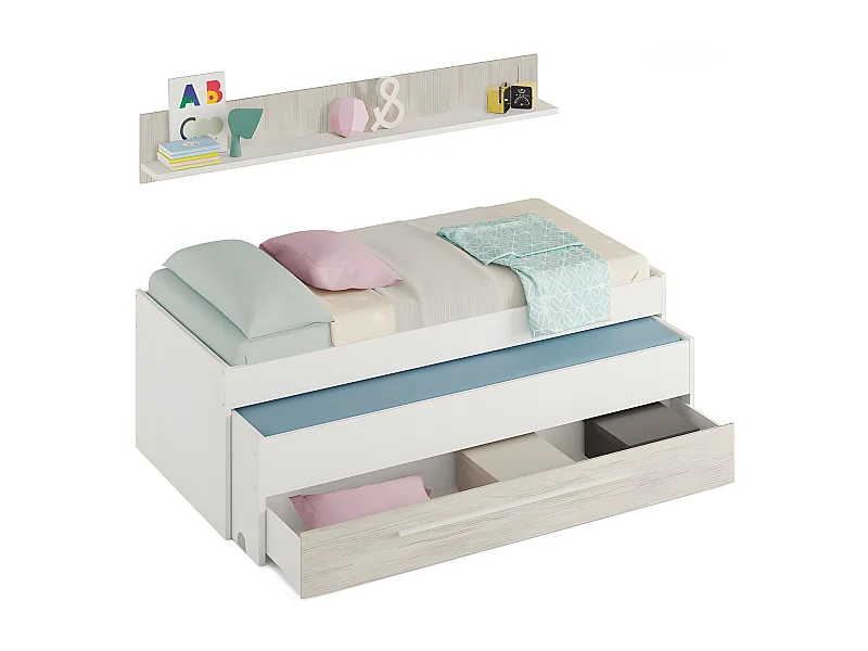 Bett und Regal + Basis und Matratzen weiß 65x199x96cm