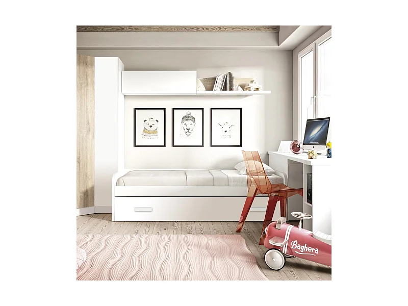 Lit + lit pieds pliants aggloméré blanc avec sommier 105/105cm