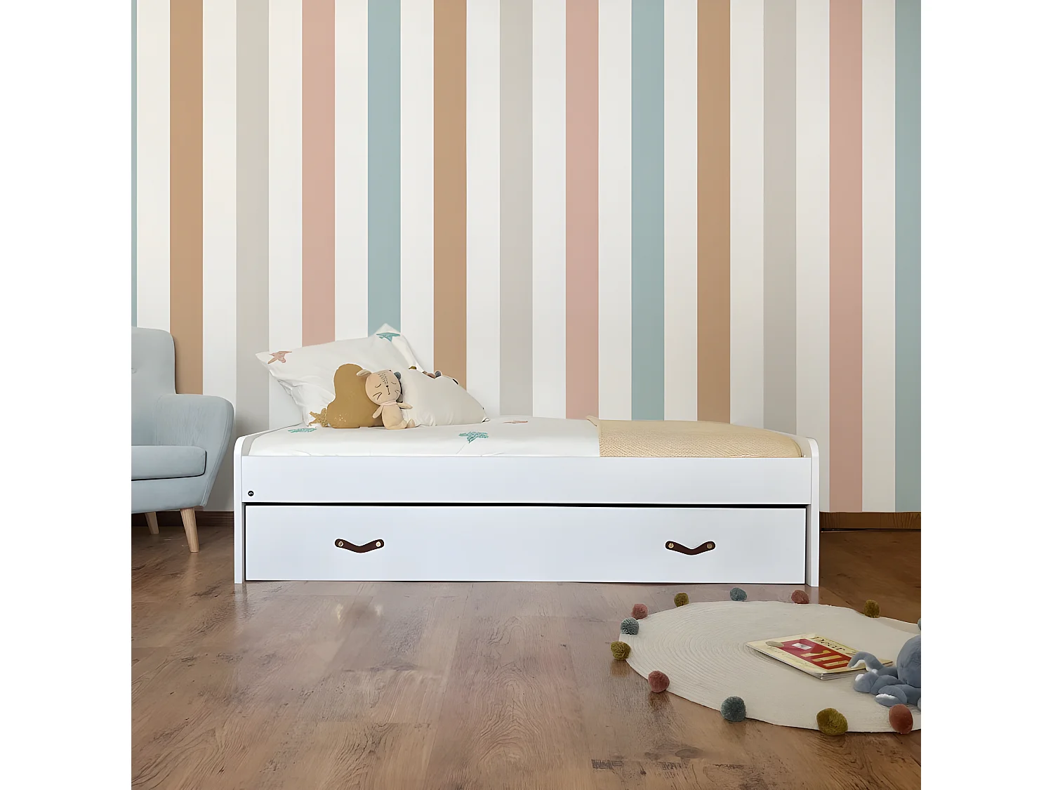 Lit + tiroirs aggloméré blanc avec sommier 105x190cm