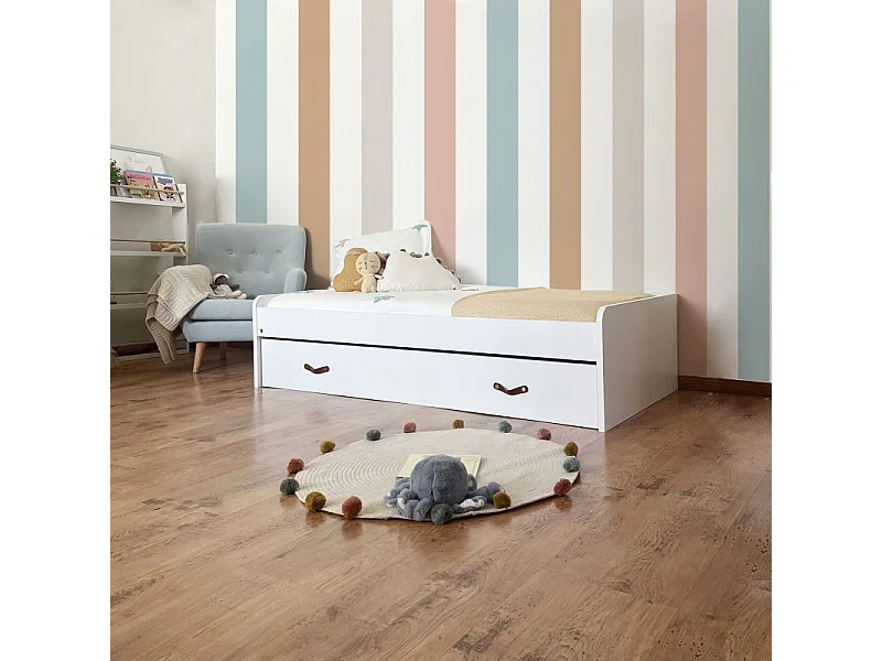 Lit + tiroirs aggloméré blanc avec sommier 105x190cm