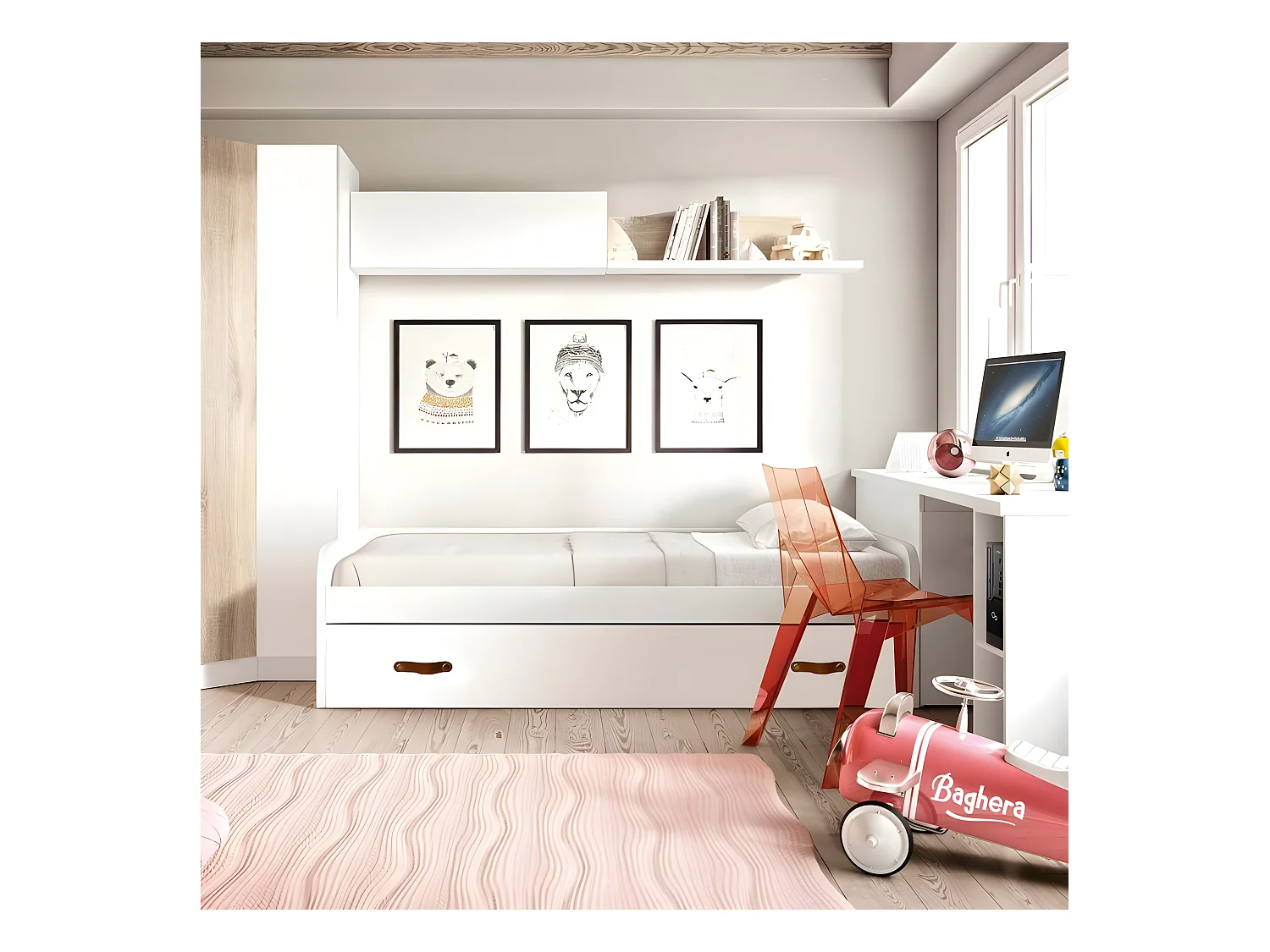Cama + elevable aglomerado blanco con somier 90/90 cm