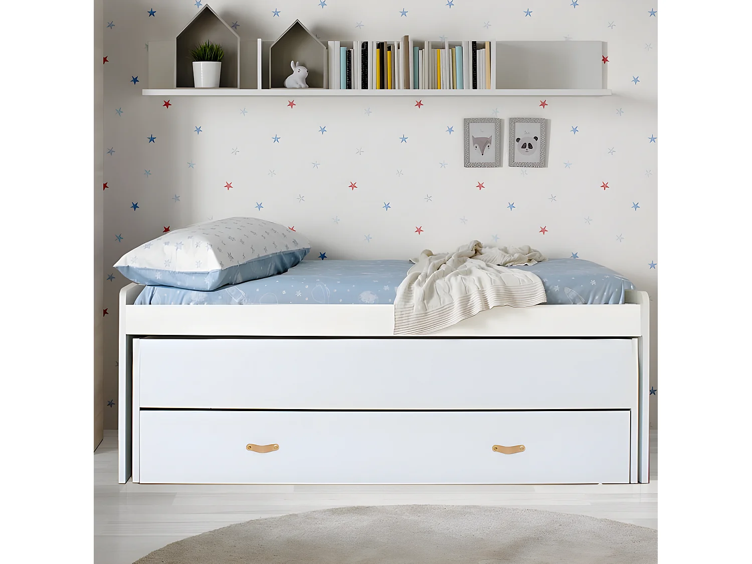 Letto + cassetti in truciolato bianco con materassi e basi da 90x190cm