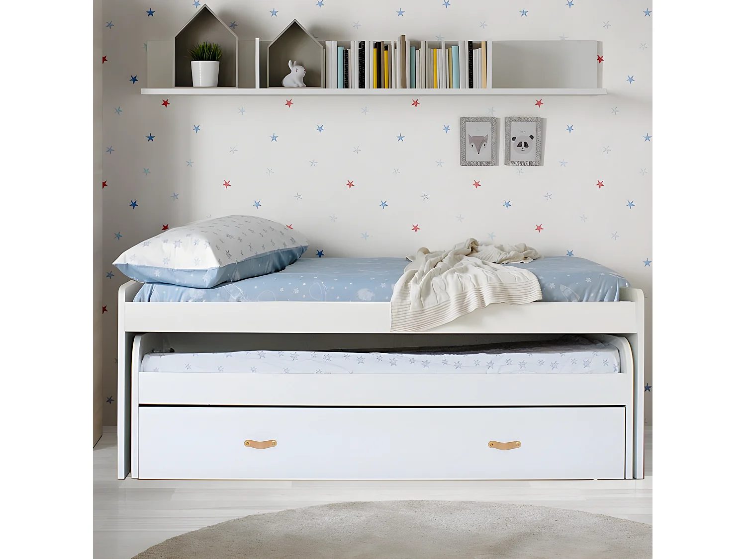 Letto + cassetti in truciolato bianco con materassi e basi da 90x190cm