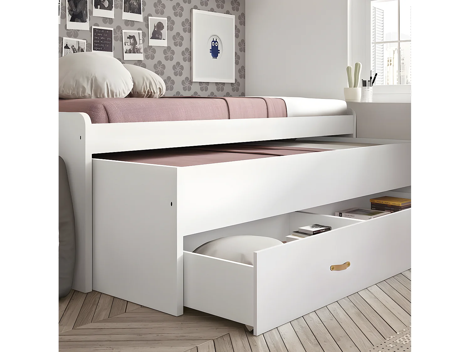 Letto + cassetti in truciolato bianco con materassi e basi da 90x190cm
