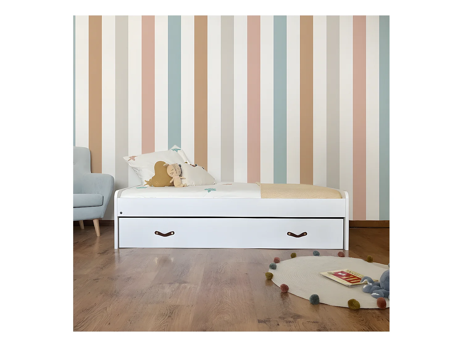 Lit + tiroirs en aggloméré blanc avec sommier et matelas 90x190cm