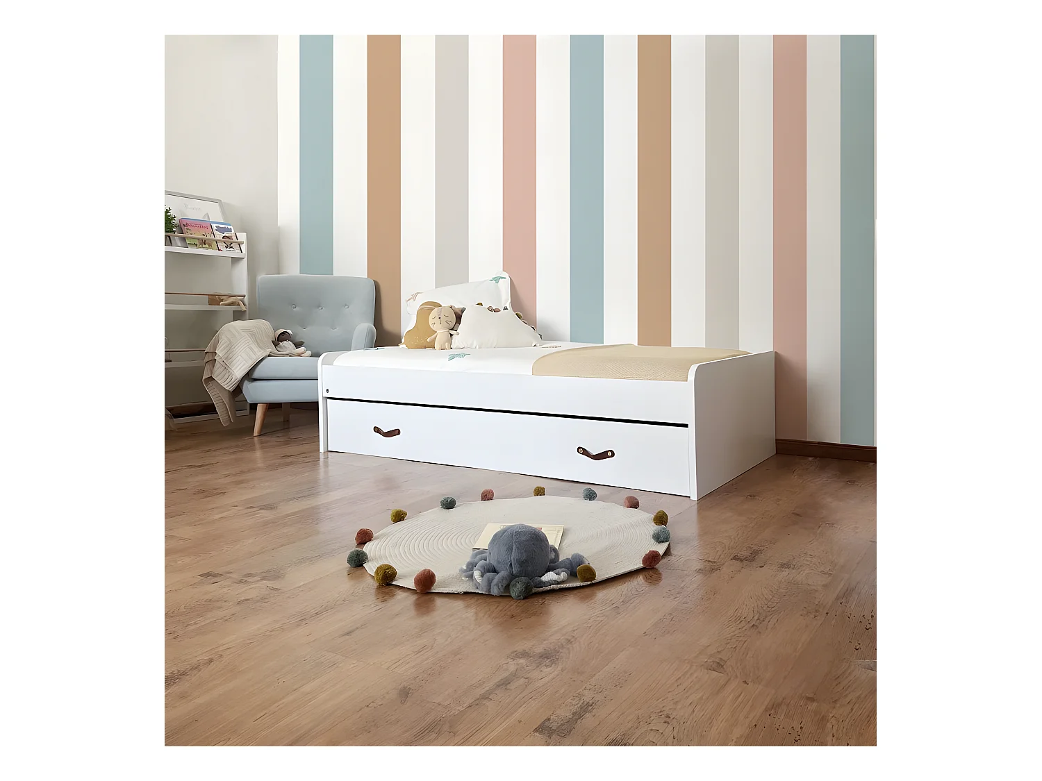 Lit + tiroirs en aggloméré blanc avec sommier et matelas 90x190cm