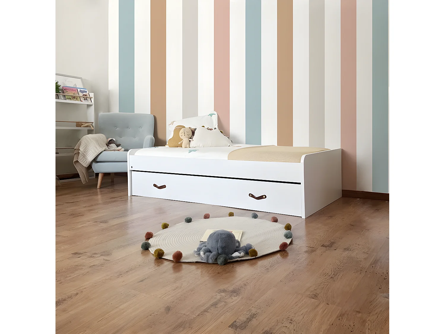 Lit + tiroirs aggloméré blanc avec sommier et matelas 105x190cm