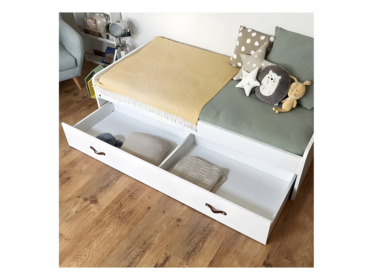 Cama + cajones aglomerado blanco con somier y colchón 105x190cm