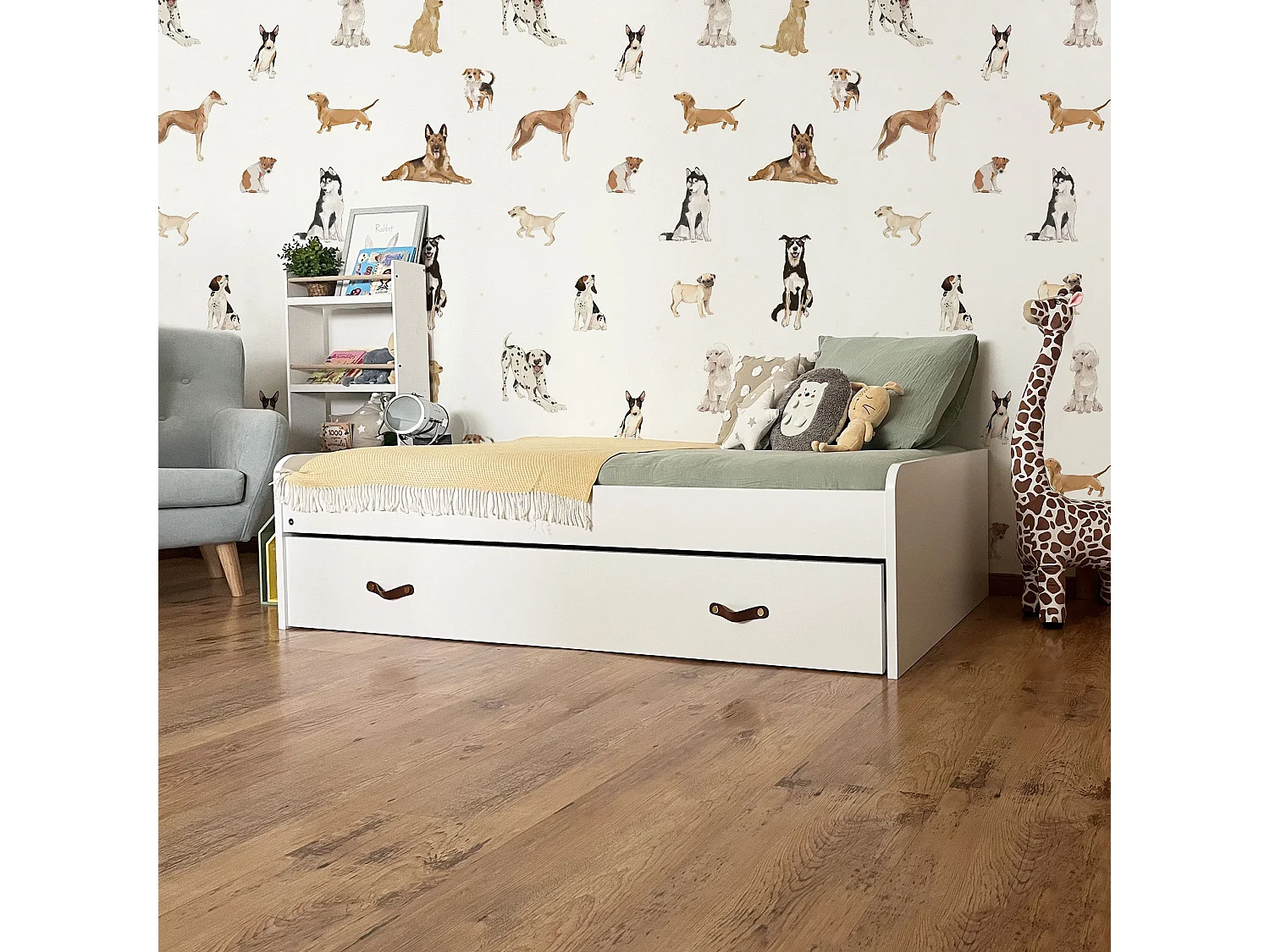 Bett + Schubladen aus weißer Spanplatte mit Lattenrost 90x190cm