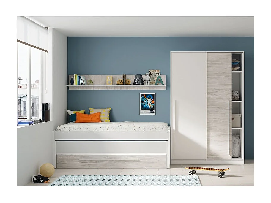 Lit + étagère aggloméré blanc + sommiers 65x199x96cm