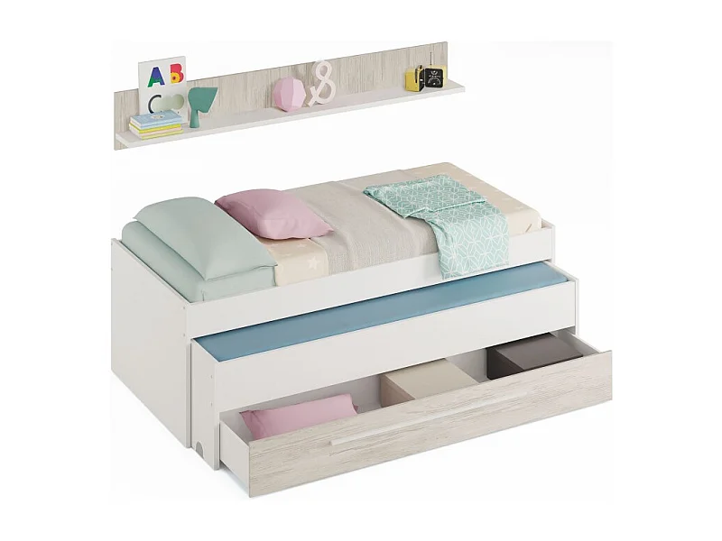 Cama y estante aglomerado blanco + somieres 65x199x96cm