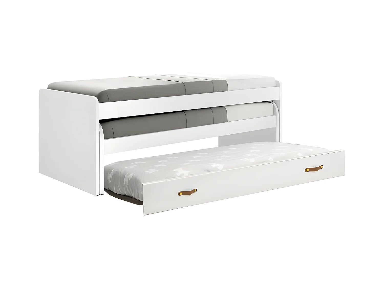 Lit triple en aggloméré blanc avec sommiers et matelas 105x200cm