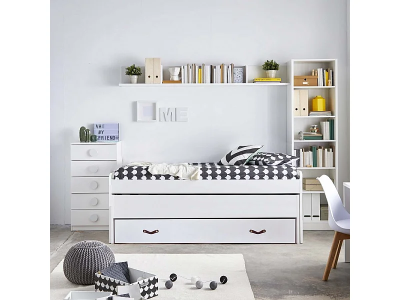Cama triple aglomerado blanco con somieres y colchones 105x200cm