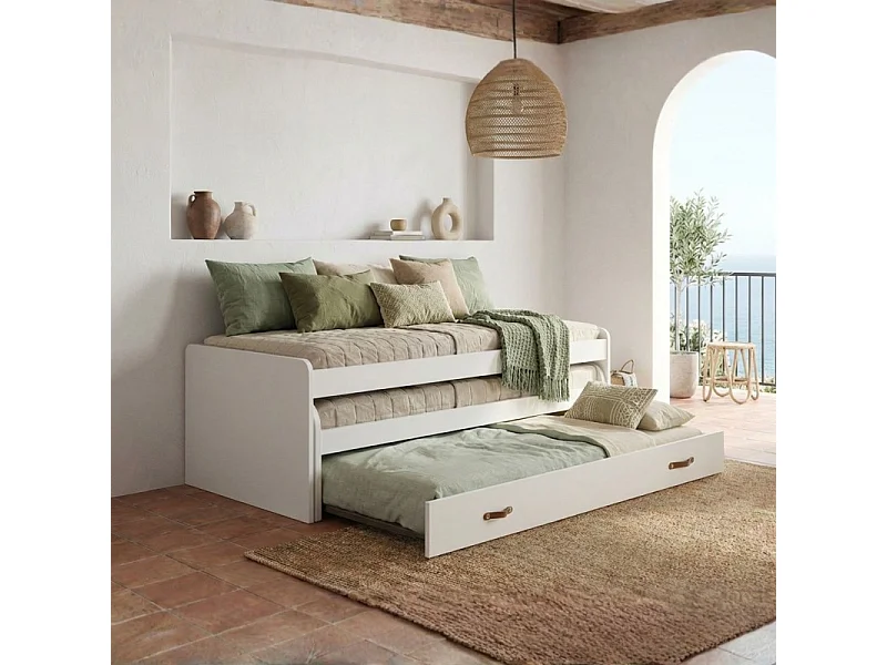 Cama triple aglomerado blanco con somieres y colchones 105x200cm