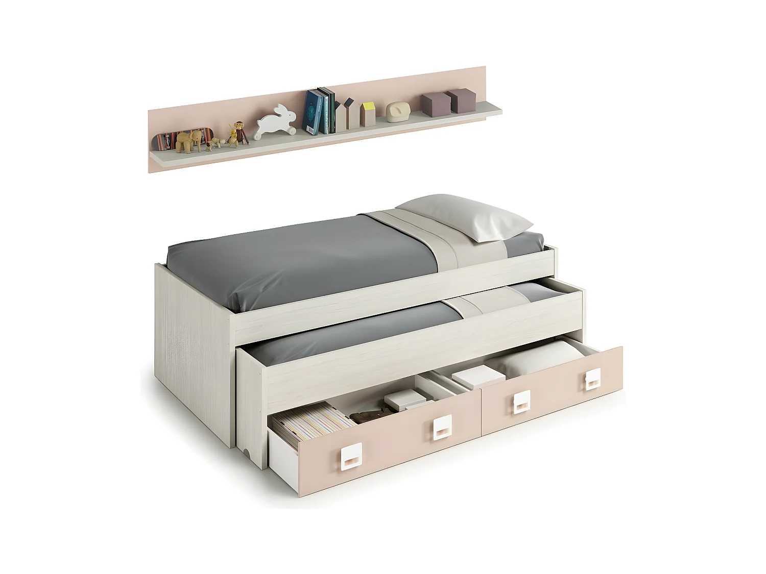 Lit + étagère aggloméré rose + sommiers 65x199x96cm