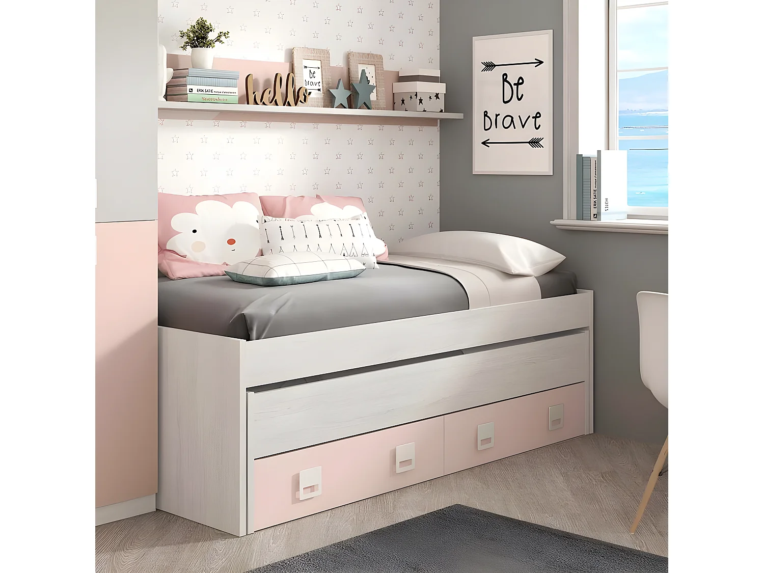 Lit + étagère aggloméré rose + sommiers et matelas 65x199x96cm