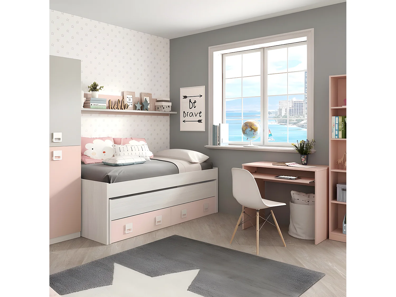 Lit + étagère aggloméré rose + sommiers et matelas 65x199x96cm