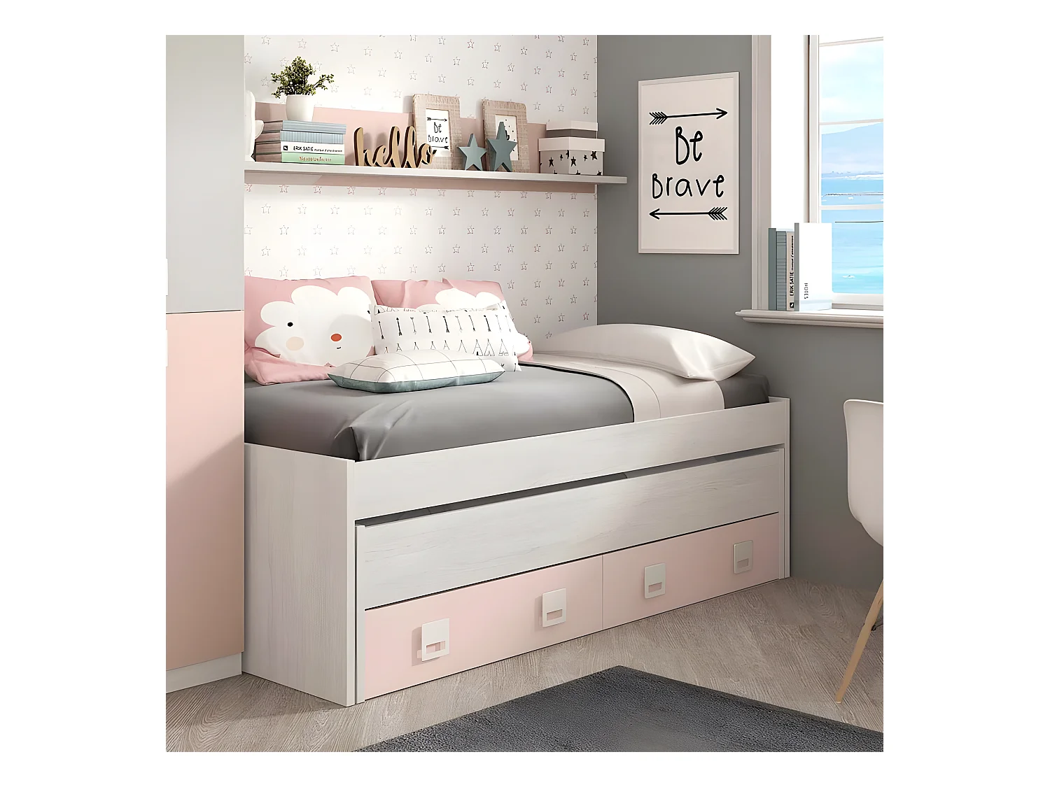 Cama y estante aglomerado rosa sin somieres y colchones 65x199x96cm