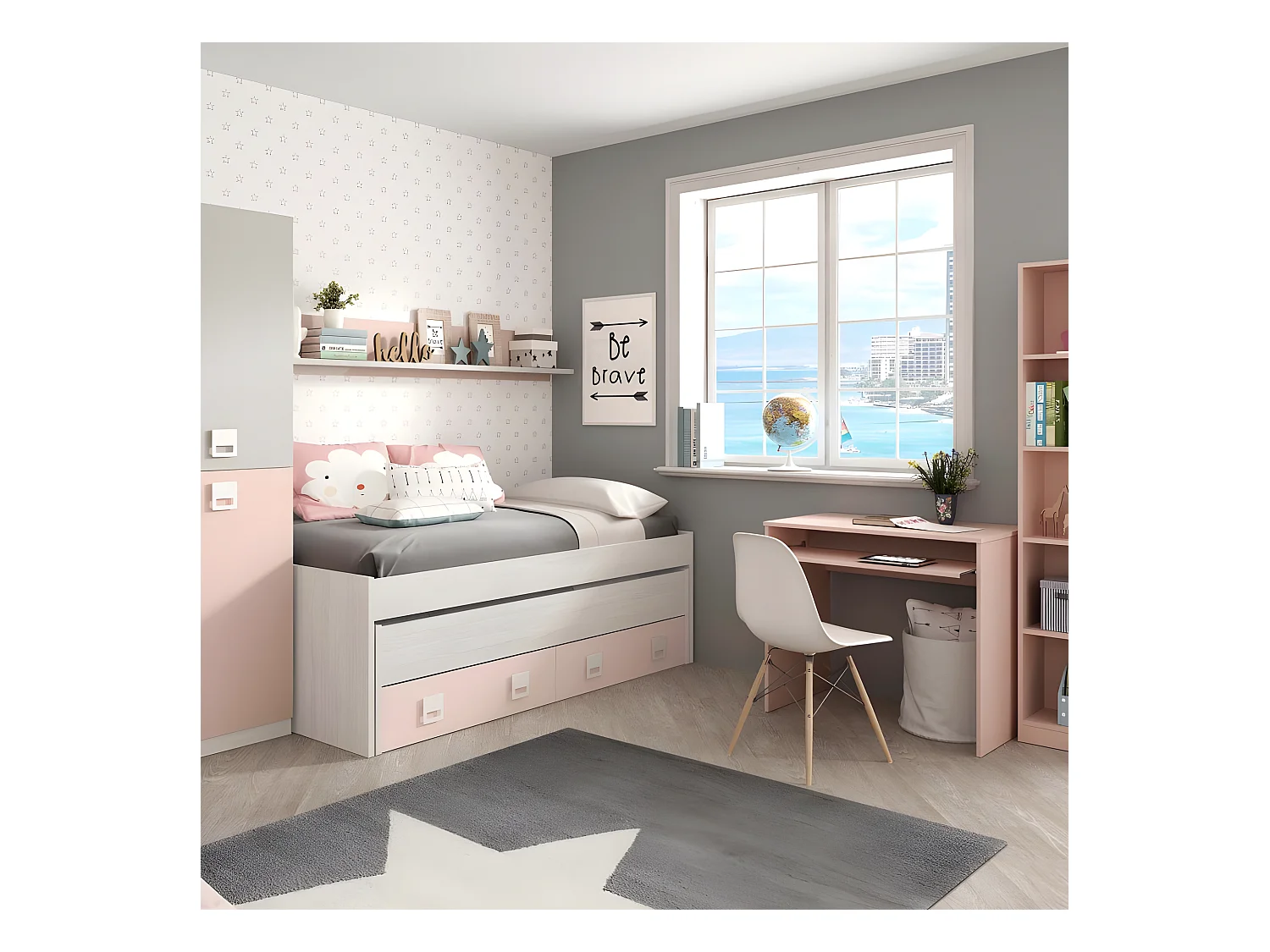 Cama y estante aglomerado rosa sin somieres y colchones 65x199x96cm