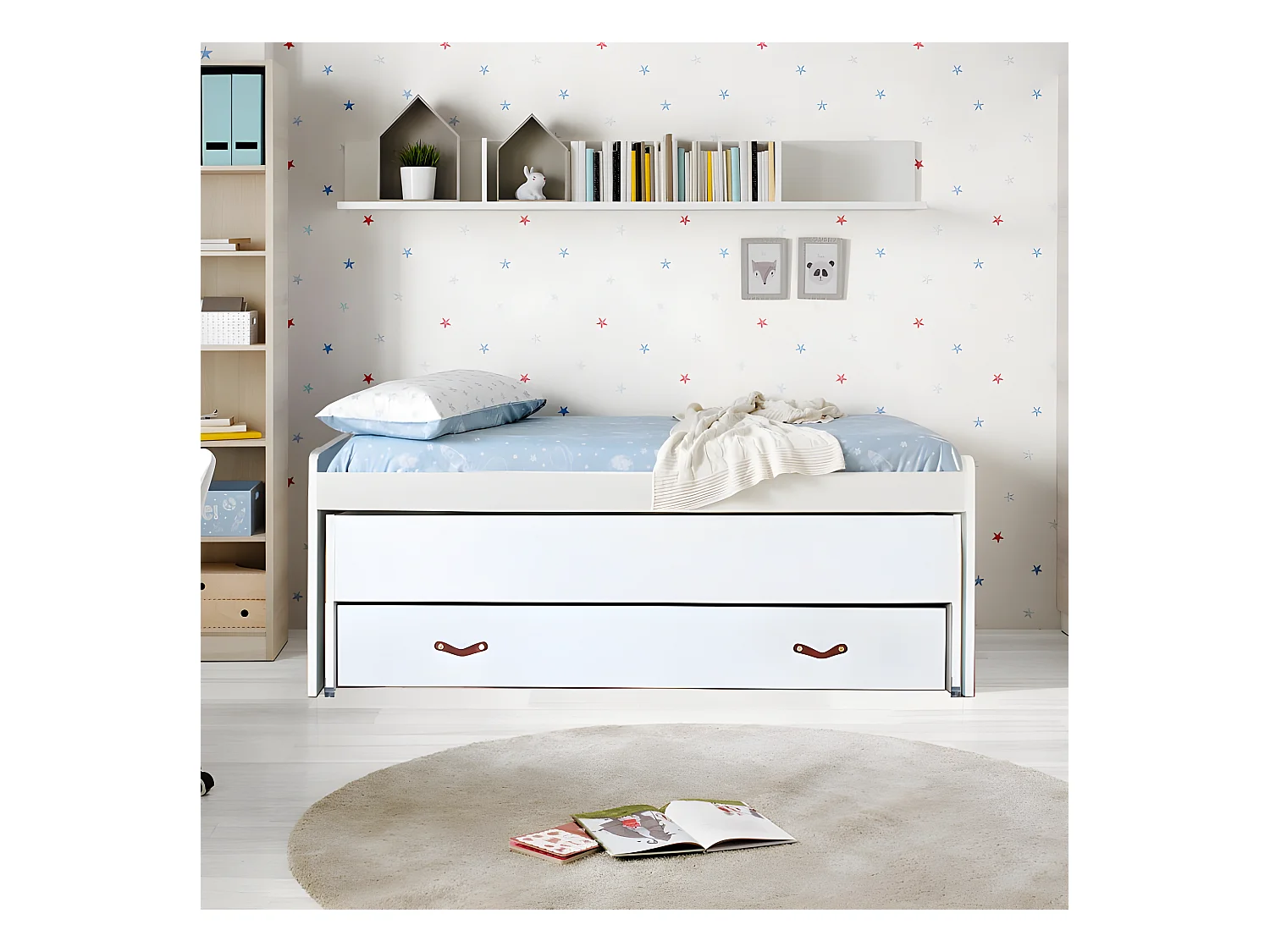 Lit + tiroirs aggloméré blanc avec sommiers et matelas 105x200cm