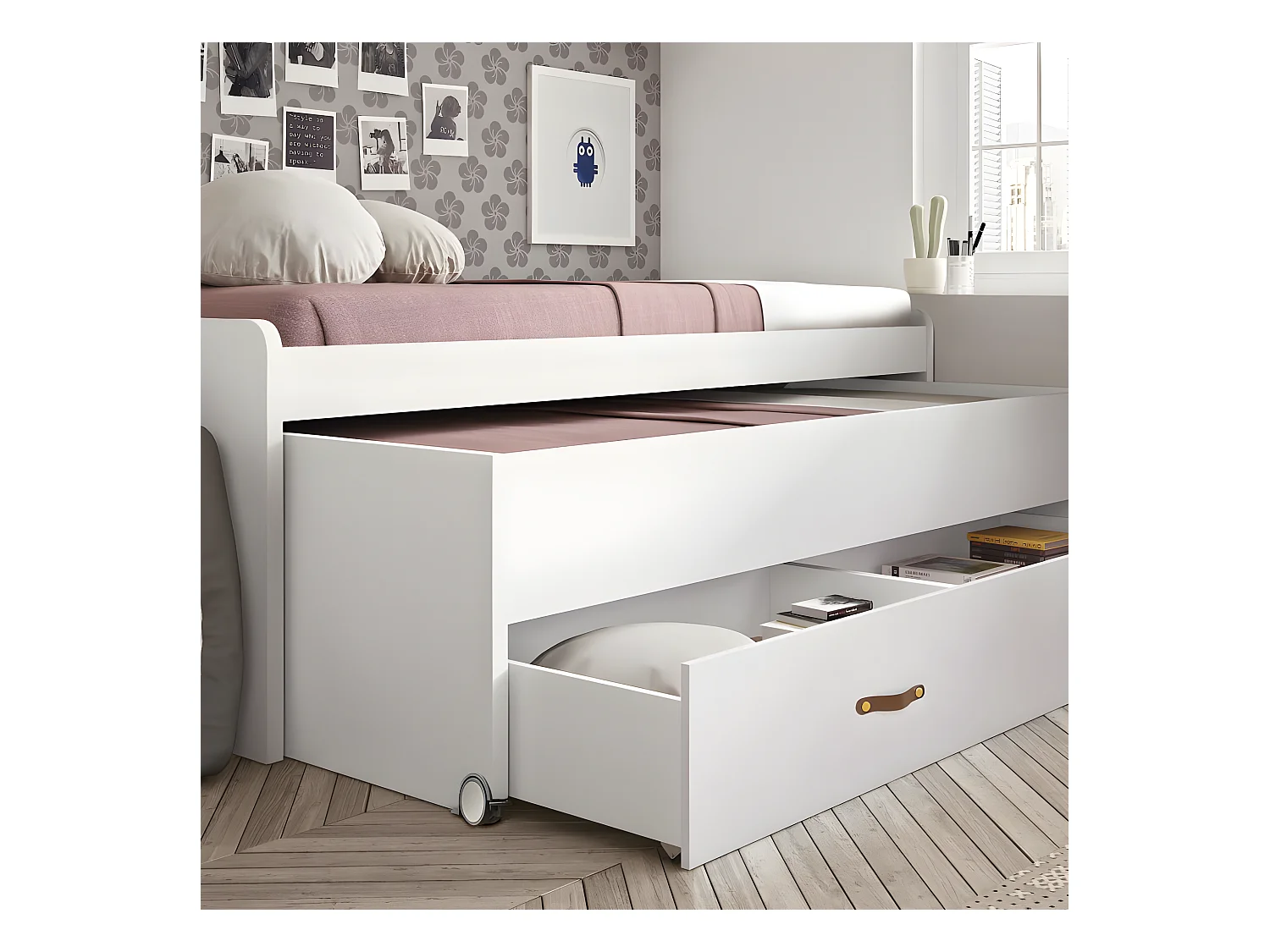 Lit + tiroirs aggloméré blanc avec sommiers et matelas 105x200cm