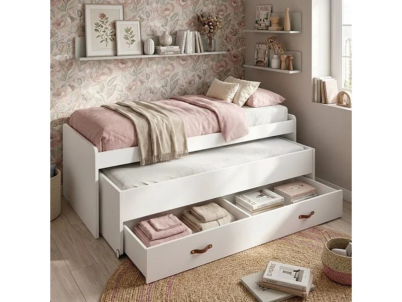 Lit avec tiroirs blanc et sommiers et matelas 76x206x112cm