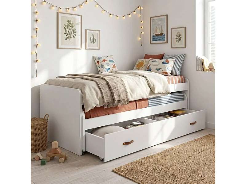 Lit avec tiroirs blanc et sommiers et matelas 76x206x112cm