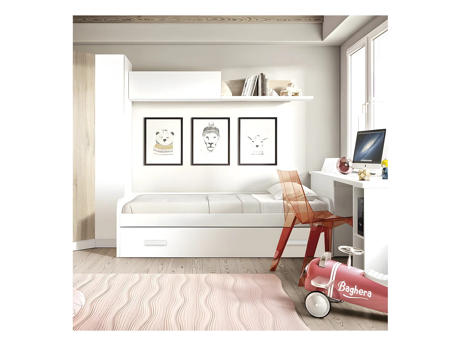 Lit + lit pieds pliants aggloméré blanc avec sommier 105/90 cm