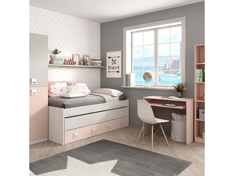 Lit + étagère aggloméré rose + sommiers tap et matelas 65x199x96cm