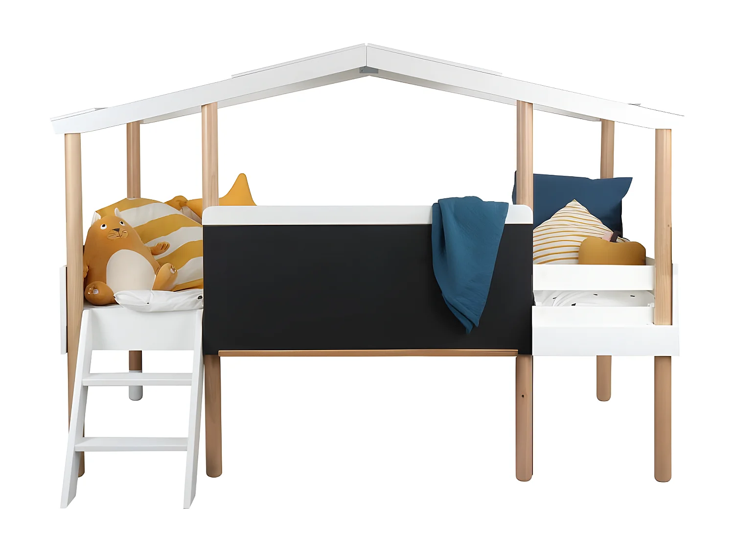 Lit cabane ardoise + 1 tiroir MDF blanc 90x200cm