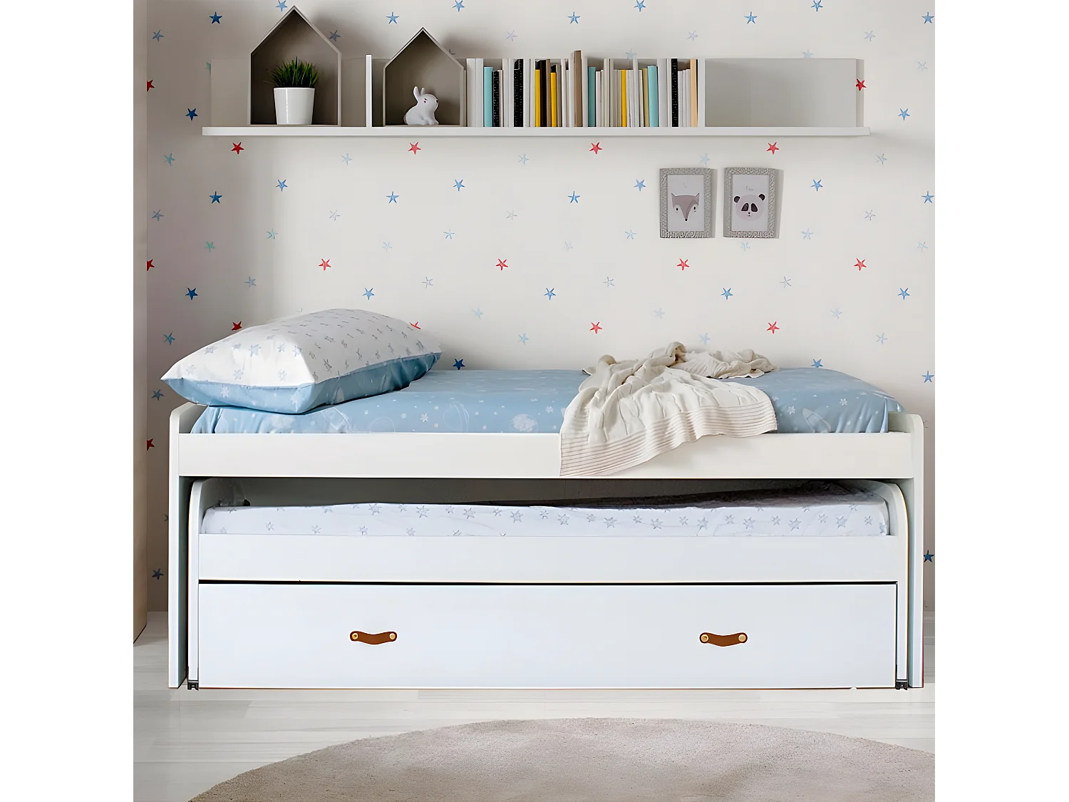 Cama + cajones aglomerado blanco con somieres y colchones 90x200cm