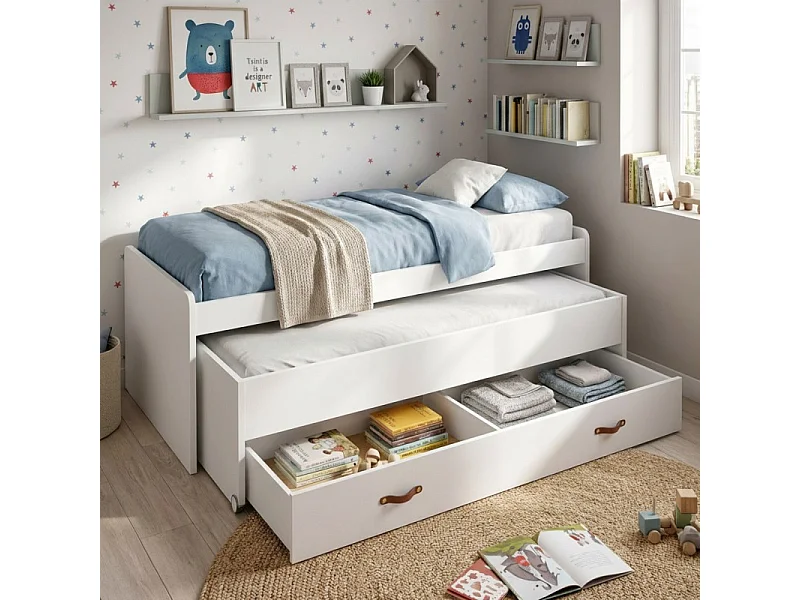 Bed 90 + lades van witte spaanplaat met lattenbodems en matrassen 90x200cm