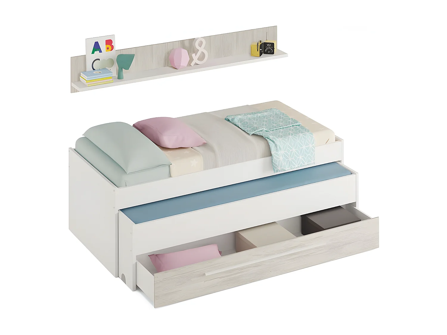 Cama y estante aglomerado blanco + base, somier, colchones 65x199x96cm