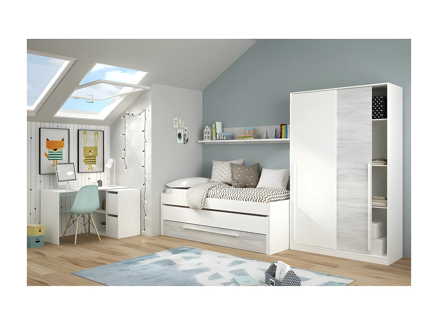 Cama y estante aglomerado blanco + base, somier, colchones 65x199x96cm