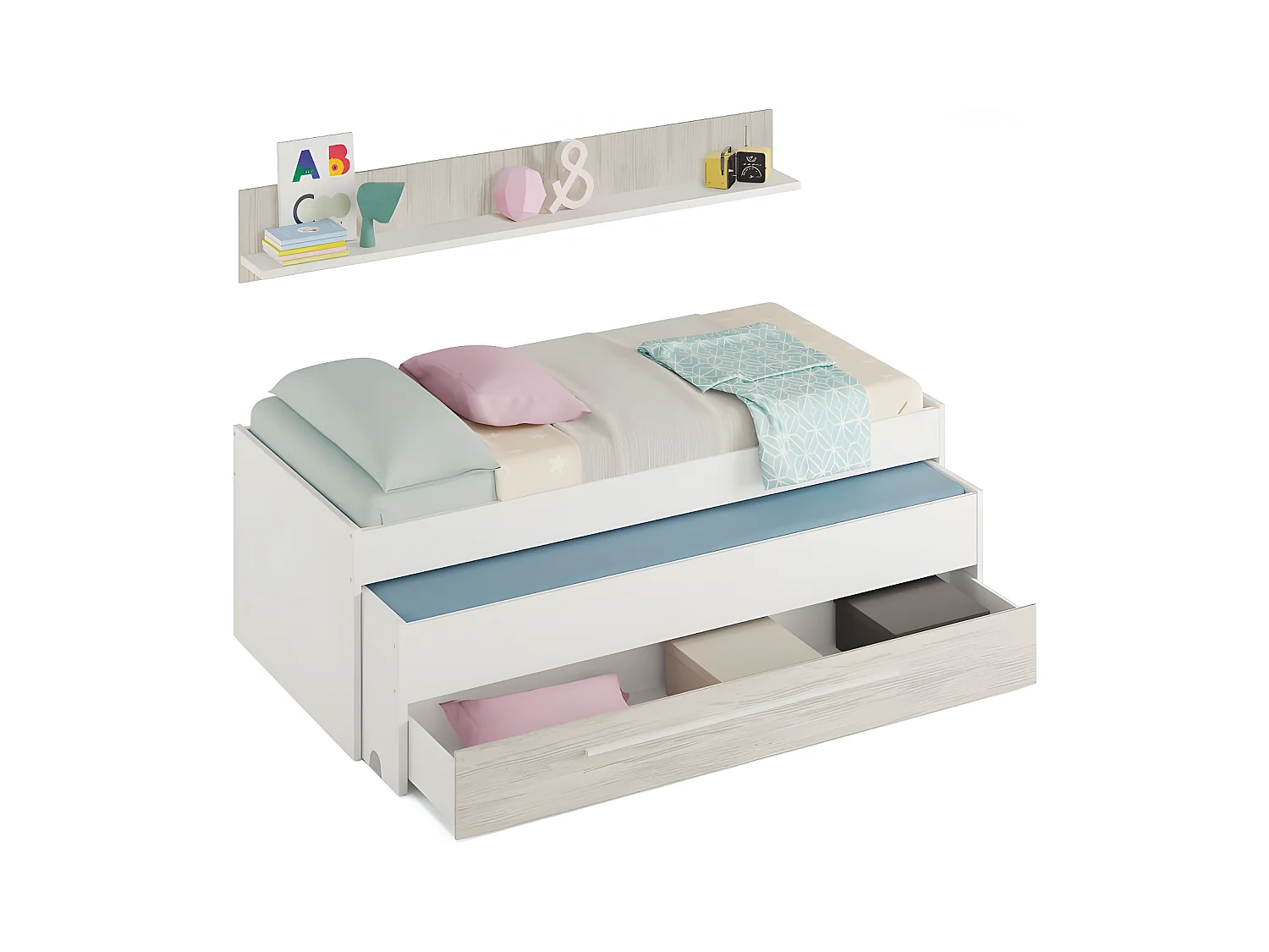 Lit + étagère aggloméré blanc + somm tap, sommier, matelas 65x199x96cm