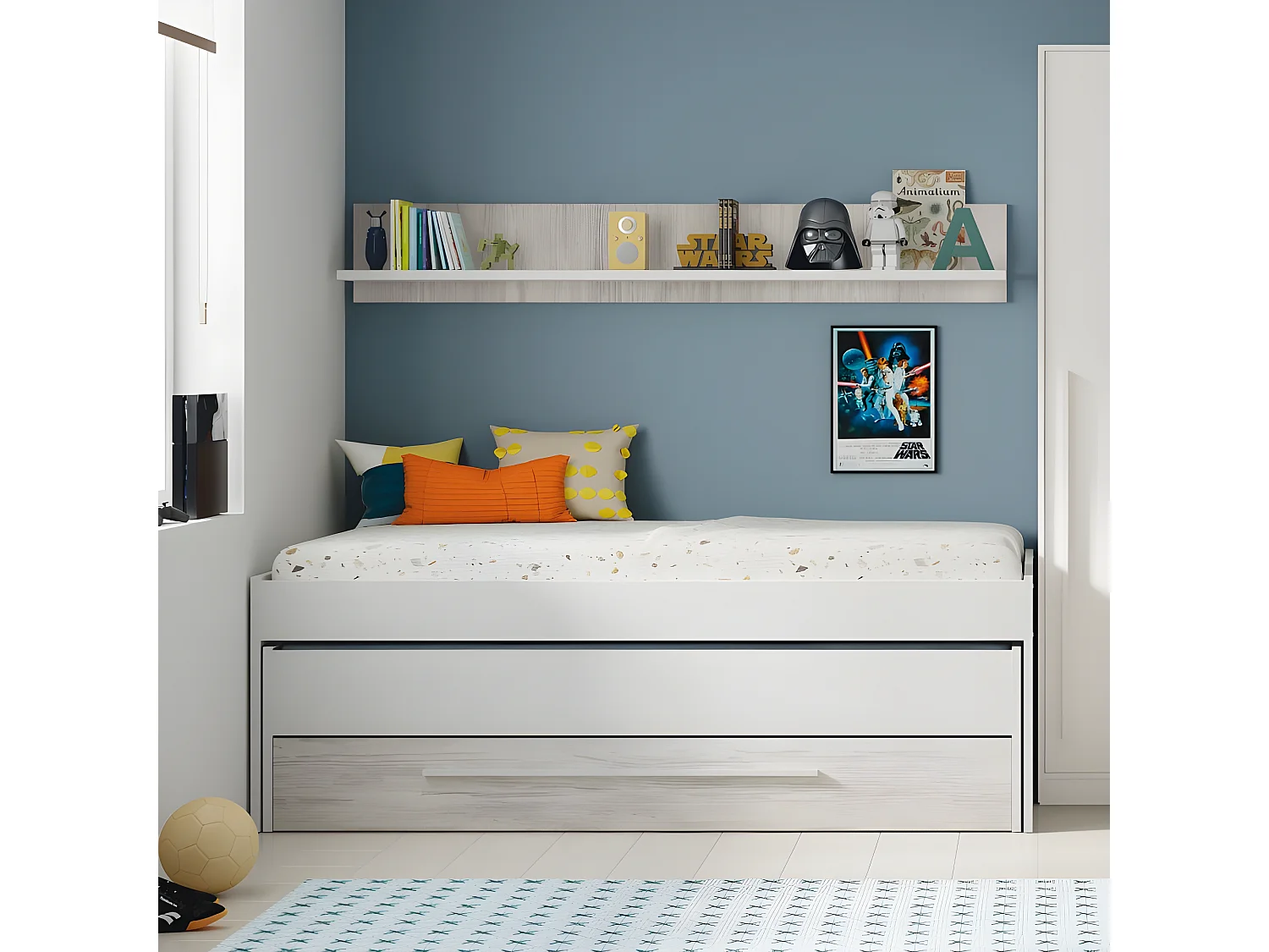 Letto e ripiano truciolato bianco + base, rete e materassi 65x199x96cm