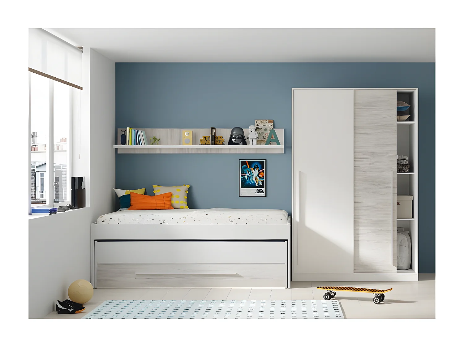 Letto e ripiano truciolato bianco + base, rete e materassi 65x199x96cm