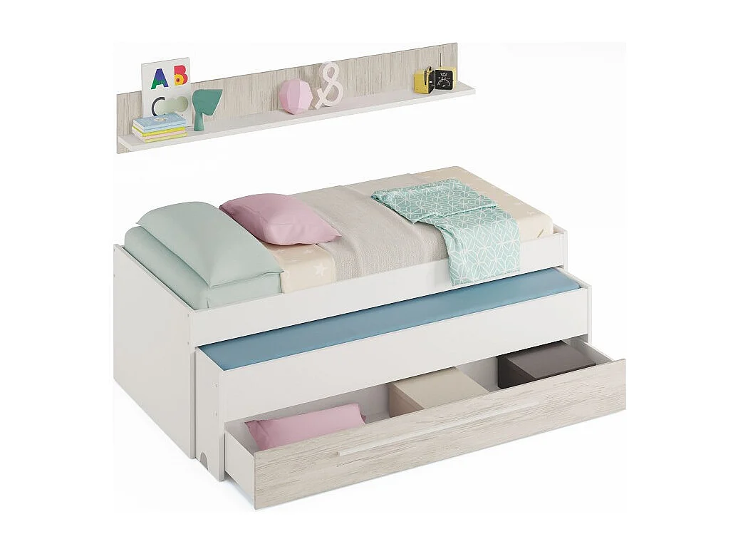 Lit + étagère aggloméré blanc + somm tap, sommier, matelas 65x199x96cm