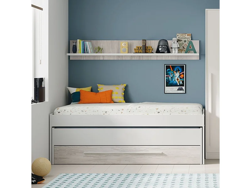 Lit + étagère aggloméré blanc + somm tap, sommier, matelas 65x199x96cm