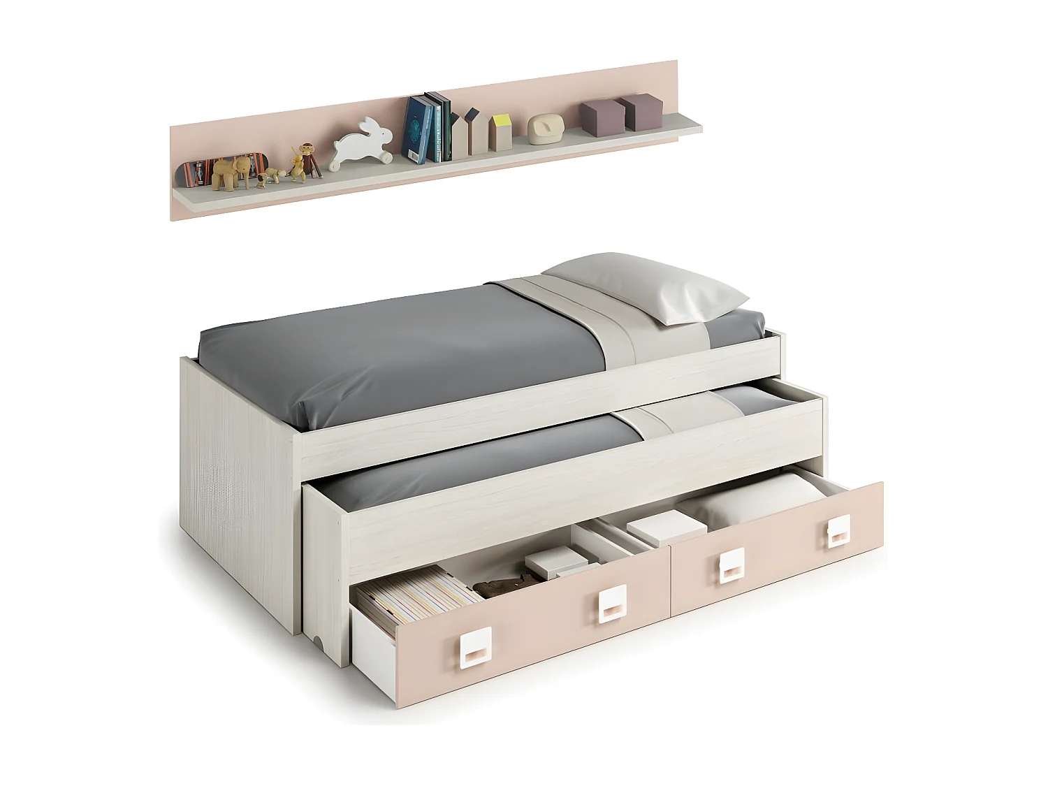 Bett und Regal + Basis, Lattenrost und Matratzen rosa 65x199x96cm