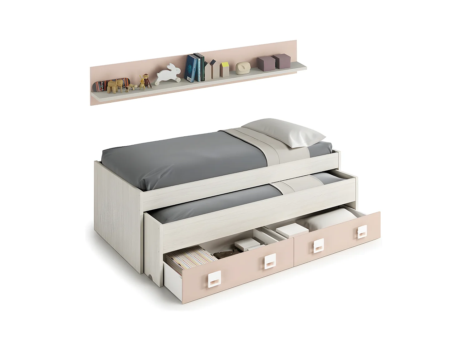 Lit + étagère aggloméré rose + somm tap, sommiers +matelas 65x199x96cm