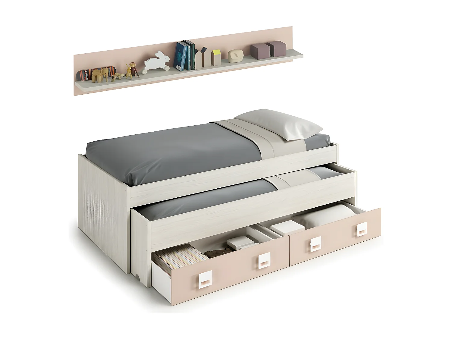 Cama e prateleira de aglomerado rosa + base, estrado e colchões 65x199x96cm