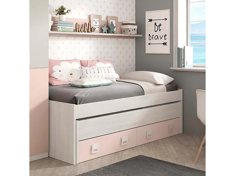 Lit + étagère aggloméré rose + somm tap, sommiers +matelas 65x199x96cm