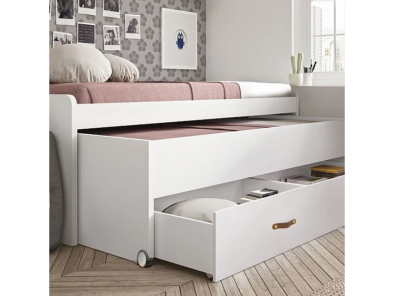 Cama + cajones aglomerado blanco con somieres 105x200cm