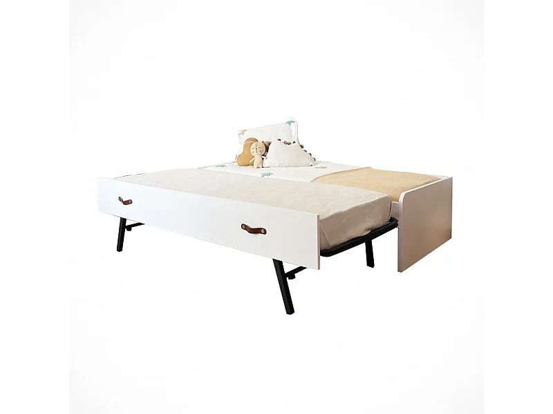 Bed + hefbaar onderschuifbed spaanplaat wit met lattenbodem en matrassen 105/90 cm