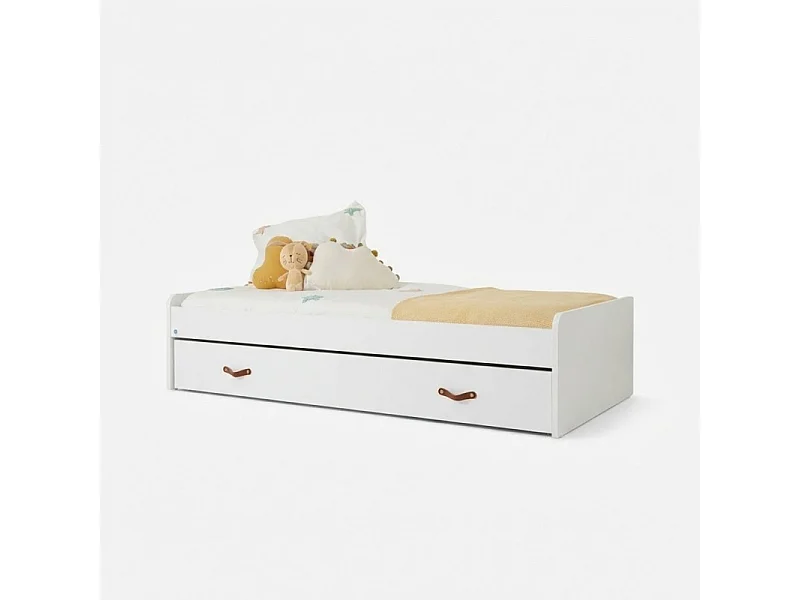 Bed + hefbaar onderschuifbed spaanplaat wit met lattenbodem en matrassen 105/90 cm